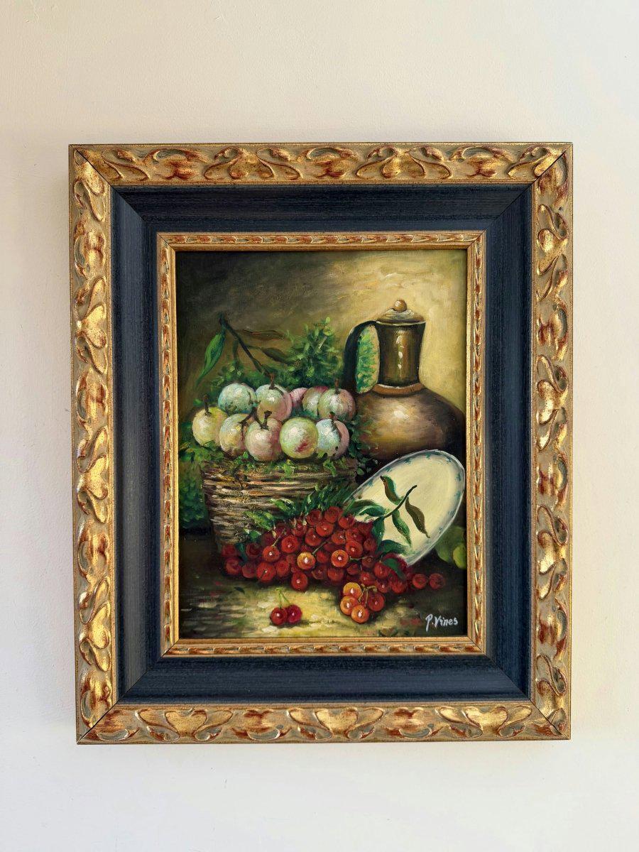 本物の油絵 静物画「フルーツバスケット」注目すべき中サイズの作品