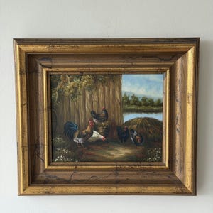 Classic Animals Oil Painting "Barn Chickens" Traditional Small Artwork