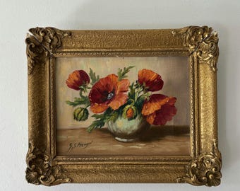 Pittura a olio vintage natura morta floreale rustica "Bouquet di papaveri"