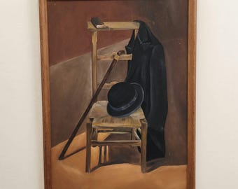 Authentic Interior Oil Painting "Black Coat" Vintage Large Art
