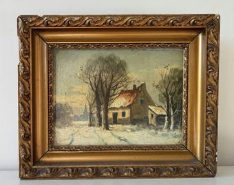 Dipinto ad olio tradizionale di paesaggio invernale "Casetta innevata" - Piccola opera d'arte rustica