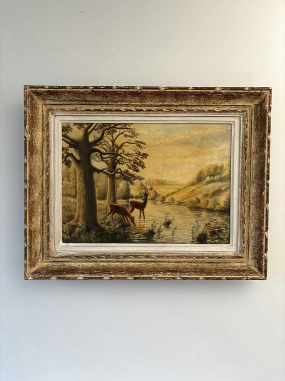 ヴィンテージ油彩画「川辺の鹿」1955年 自然風景 動物画 手描き 