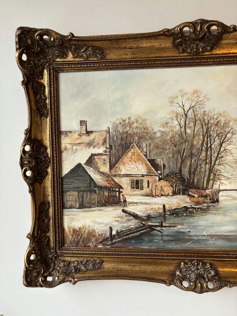Pueblo invernal ribereño del siglo XX que muestra una escena junto al río con barcos reflejos suaves y campo tranquilo Puente Pintura imagen 4