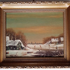 Paysage d'hiver, peinture vintage hollandaise du début du XXe siècle avec coucher de soleil et patinage sur glace - signée
