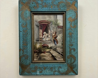 Peinture à l'huile figurative détaillée "Cadre turquoise" Petit art intemporel