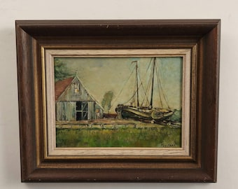 Pintura al óleo de una refinada escena portuaria: "Muelle de veleros". Obra de arte pequeña y detallada.