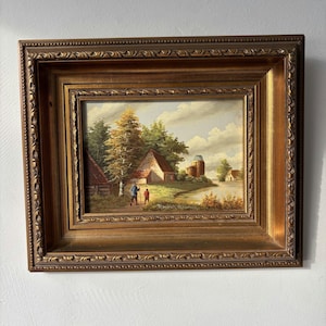 Oil Painting Antique Around 1920 Country Cottage Trees River Path Oil Painting Authentic