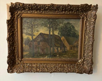 Pintura al óleo de paisaje refinado “Thatched Cottage” hermosa arte de los Países Bajos cabañas de techo de paja y árboles altos, s. XIX,