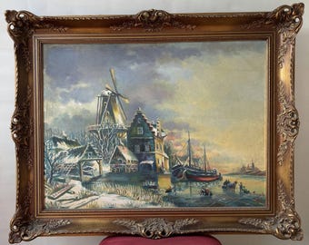 Rustikale Winterlandschaft Ölmalerei "Windmühlturm" Verfeinerte große Kunst