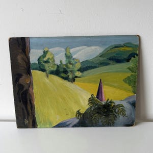 Pintura al óleo de paisaje vintage "Purple Cone" Obra de arte original de pequeño formato