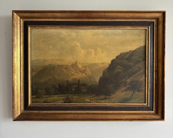 Pintura al óleo de paisaje antigua del siglo XIX "Pintura enmarcada" Obra de arte