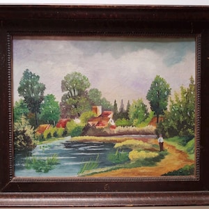 Homme marchant dans un paysage de parc hollandais de style impressionniste - signé