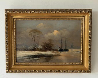 Rustic Winter Landscape Oil Painting "Sailing Boat" Timeless Small Art