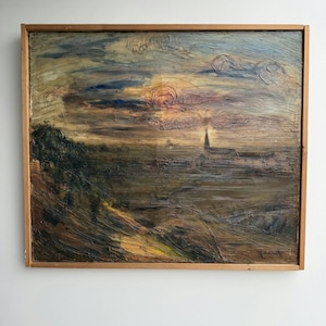 Klassiek landschapsschilderij in olie "Ondergaande zon" rustiek groot kunstwerk