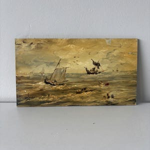 Vintage Seascape Oil Painting "Sailing Boats" Rustic Small Artwork