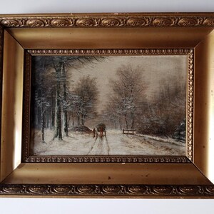 Gemütliche Winterlandschaft mit einem Mann mit Pferdewagen - signiert