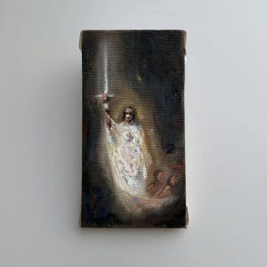 Pintura al óleo religiosa refinada "Mujer sosteniendo" pequeña obra de arte atemporal