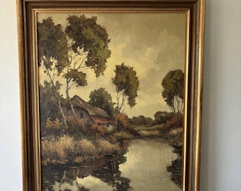 Autentico dipinto ad olio di paesaggio "Cottage con tetto di paglia", opera d'arte di grandi dimensioni realizzata a mano.