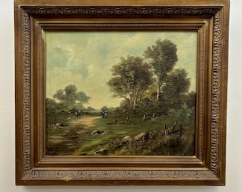 Pintura al óleo antigua de paisaje del siglo XIX "Tall Trees" gran obra de arte