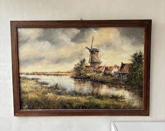 Gedetailleerd landschapsschilderij in olieverf "Windmolentoren" origineel groot kunstwerk