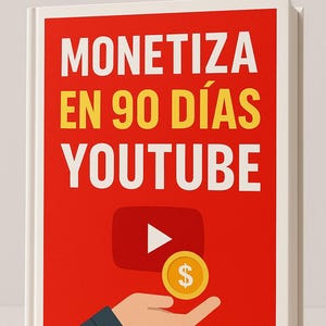 Puede incluir: Un libro con una portada roja y texto blanco que dice "MONETIZA EN 90 DÍAS YOUTUBE". La portada también presenta un icono de botón de reproducción de YouTube y una mano sosteniendo una moneda de oro con un signo de dólar.