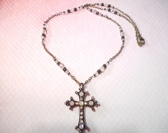 Crystal And Bronze Cross Necklace