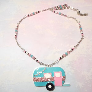 Brand New Retro Enamel Camper Crystal Rhinestone Pendant Necklace