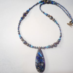 Blue Sea Sediment Jasper And Pyrite Teardrop Pendant Necklace
