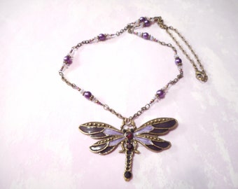 Pretty Purple and Bronze Dragonfly Necklace