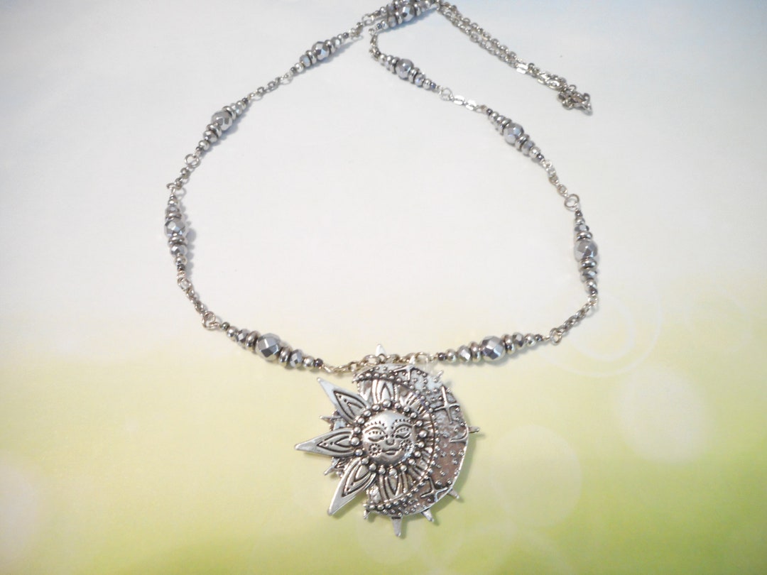 Antique Silver Sun and Moon Pendant Necklace - Etsy
