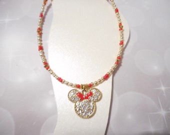 Tobillera con cabeza de Mickey Mouse y diamantes de imitación de cristal dorado y rojo