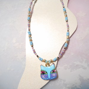 Blue Enamel Kitty Cat Face Ankle Bracelet