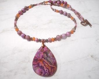 Stunning Purple And Orange Crazy Lace Teardrop Agate Necklace