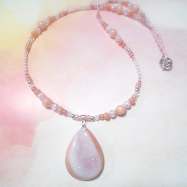 Stunning Peachblow Teardrop Geode Druzy Necklace