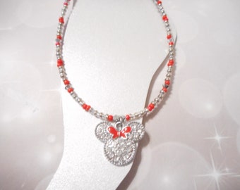 Pulsera de tobillo con dije de Mickey Mouse con diamantes de imitación de cristal rojo y plata antigua