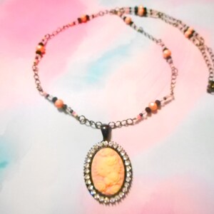 Black and Pink Rhinestone Cameo Kitty Cat Necklace