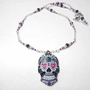 Black and Pink Enamel Sugar Skull Necklace