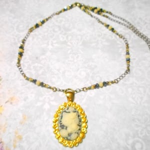 Antique Bronze And Black Rhinestone Cameo Kitty Cat Necklace