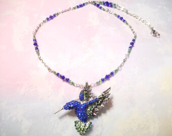 Blue And Silver Crystal Rhinestone Hummingbird Necklace