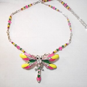 Pretty Colorful Dragonfly In Silver Pendant Necklace