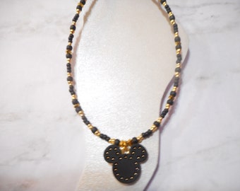 Bonita pulsera de tobillo de Mickey Mouse de piel sintética negra con tachuelas doradas