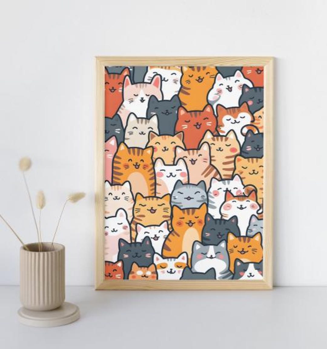 Cute Cat Wall Art Printable – Digital Download | Whimsical Kawaii Cat ...