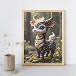 May include: A framed print featuring a whimsical illustration of a deer-like creature with large eyes and curved horns. The creature has a black body with white and tan swirls and spots. The background shows a forest scene with green moss and small white flowers.