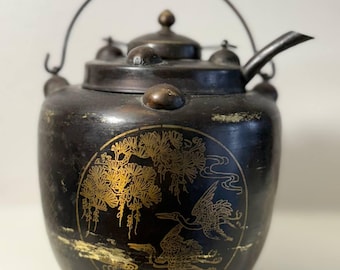 Antique Vintage Chinese Japanned Tin Gilt Decorated Teapot Pot Calligraphy Seal