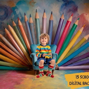 15 Colorful Pencil Chair Digital Backdrop, Art Studio Photography Background, Back to School Photo Prop for Kids, Creative Portrait Scene