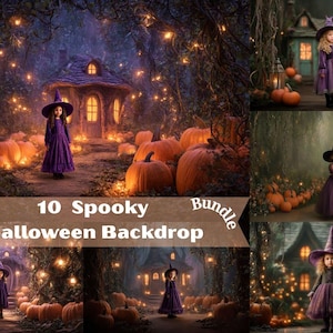 10 Halloween Photo Backdrops – Haunted House, Spooky Forest & Fall Path Digital Background Set