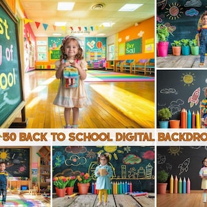 50 Back to School Digital Backdrops for Kids,Preschool Chalkboard Classroom Backgrounds,First Day of School Photo,Graduation Photo Backdrops