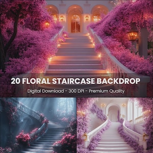 Floral Staircase Backdrop Digital Background for Maternity & Wedding Portraits Black Stairs Photo Prop