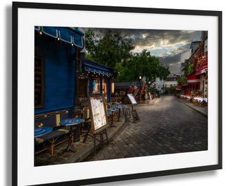 Montmartre Paris Street Wall Art Print – Romantic French Café Scene at Sunset