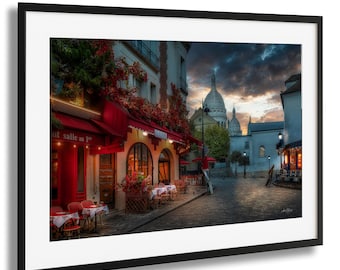 Montmartre Sunset Wall Art: Sacré-Cœur, Red Café Paris Scene